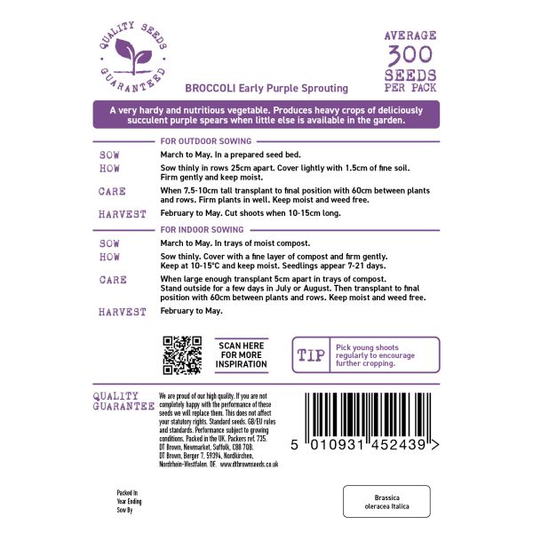 Broccoli seed packet with planting instructions and product details on a white background