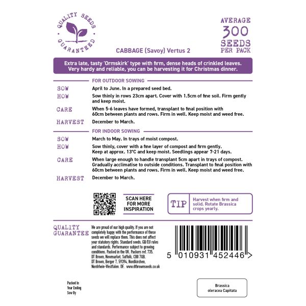 Seeds packet label for Savoy Cabbage with planting instructions and product details.