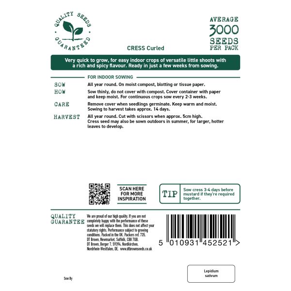 Seed packet label for Cress Curled with planting instructions and product details.