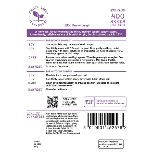 Seeds packet label for Leek Musselburgh with planting instructions and product details.