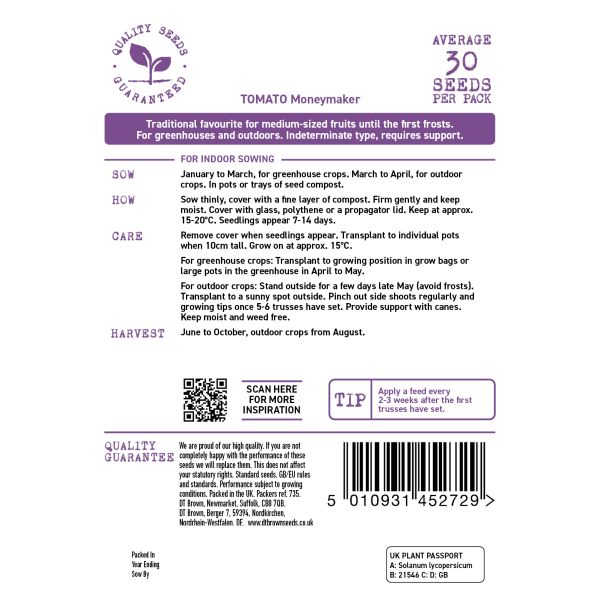 Seeds packet label for Tomato Moneymaker with text and QR code on a white background