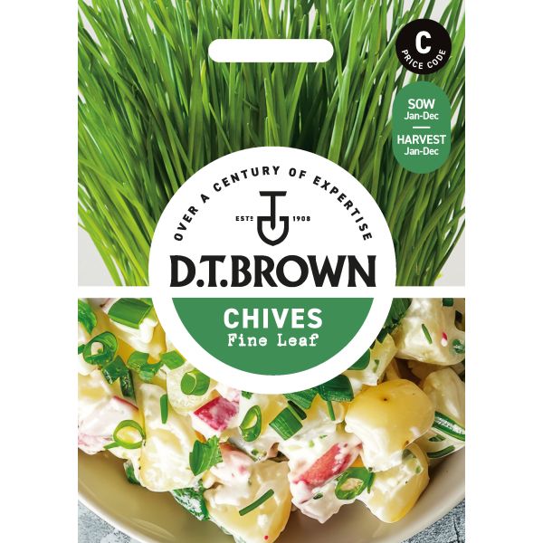 D.T. Brown chives packaging with a dish of pasta salad featuring chives.