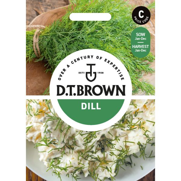 D.T. Brown dill seed packet with images of dill and a dish