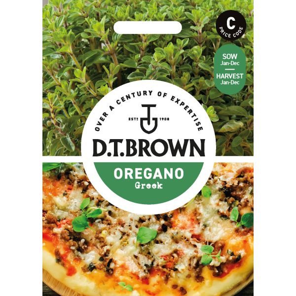 D.T. Brown oregano seed packet with pizza and oregano leaves
