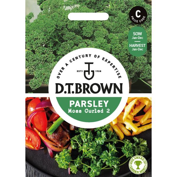 D.T. Brown parsley seed packet with images of parsley and food items on a white background