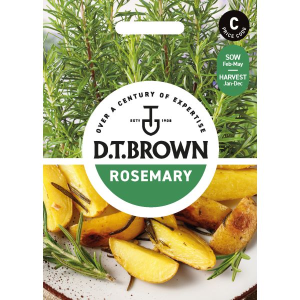 D.T. Brown rosemary seed packet with rosemary sprigs and roasted potatoes on a white background