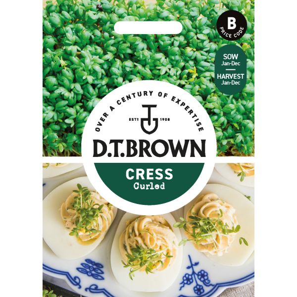 D.T. Brown cress seed packet with images of cress on a plate and in a garden.