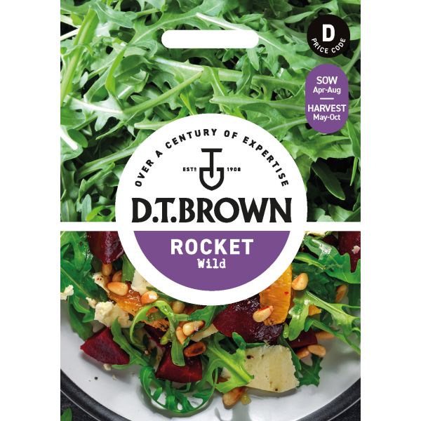 D.T. Brown rocket wild salad packaging with green leaves and a salad image.