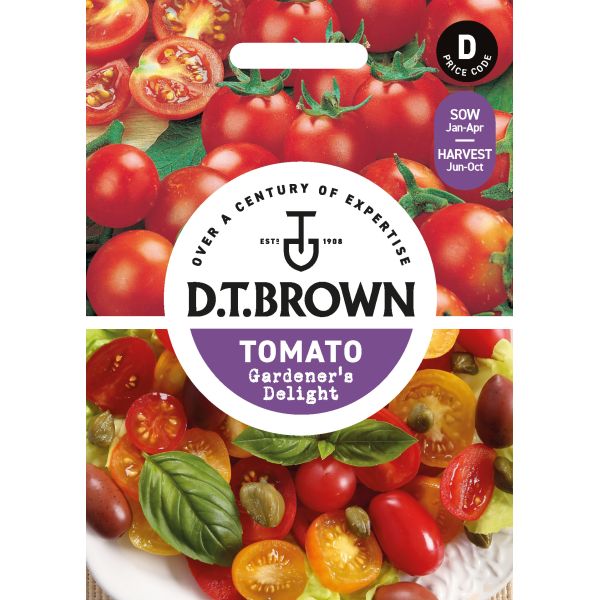 D.T. Brown Tomato Gardener's Delight seed packet with tomatoes and basil on a white background
