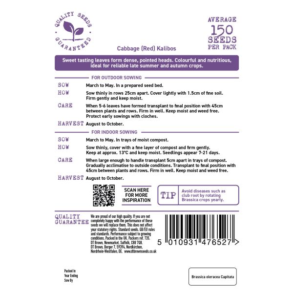 Seeds packet label for Cabbage Greyhound with planting instructions and product details.