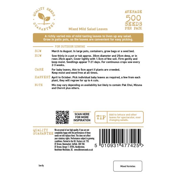 Seed packet label for mixed mild salad leaves with text and branding.