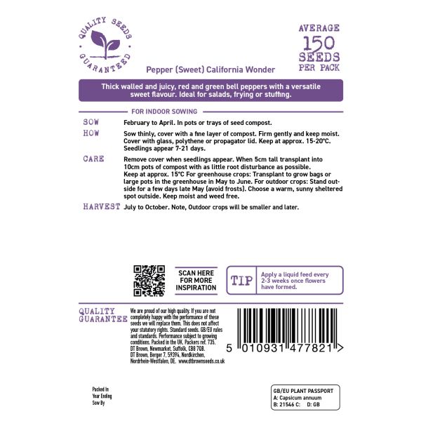 Seeds packet label for California Wonder sweet pepper with text and barcode on a white background