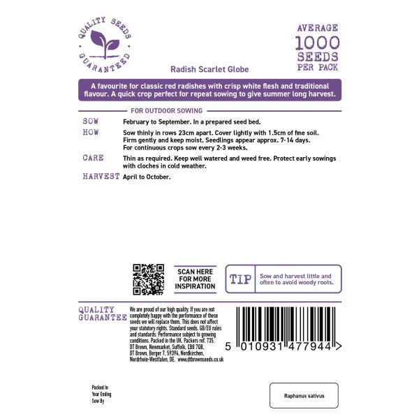 Seeds packet label for Radish Scarlet Globe with text and barcode on a white background