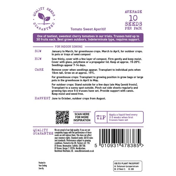 Seeds packet with text and barcode for tomato seeds on a white background