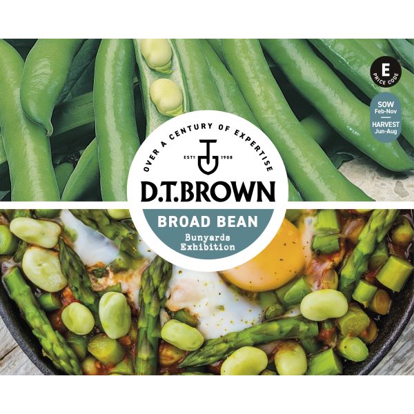 D.T. Brown broad bean packaging with green beans and a dish of beans and asparagus.