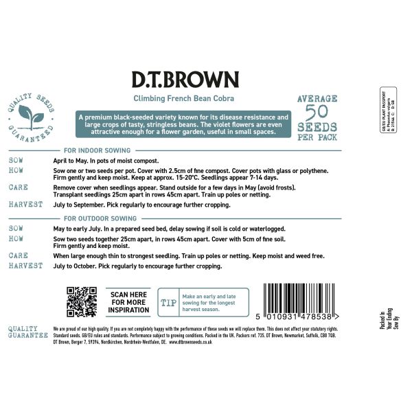 Back of a seed packet for D.T. Brown Climbing French Bean Cobra with text and branding.