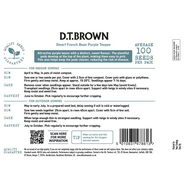 D.T. Brown dwarf French bean seed packet with planting instructions and product details.