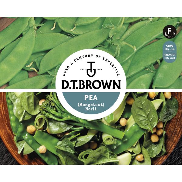 D.T. Brown pea seed packet with green peas and leaves on a white background