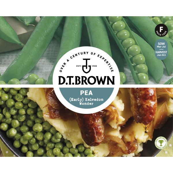 D.T. Brown pea packaging with green peas and a dish of peas, mashed potatoes, and sausages.