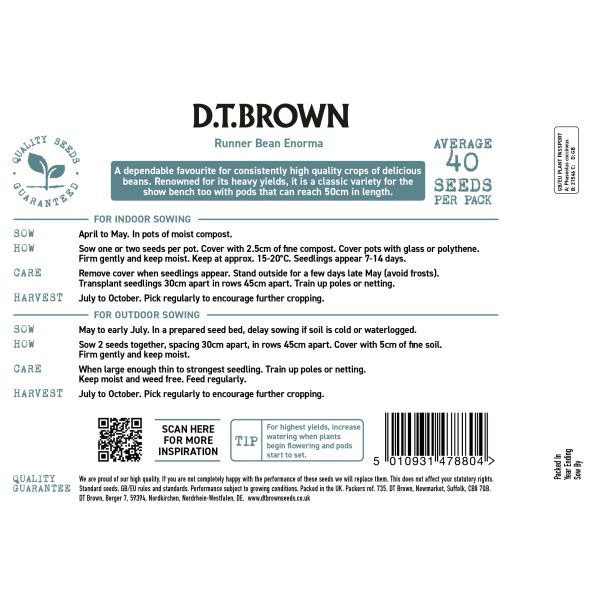 Seed packet for D.T. Brown Runner Bean Enorma with planting instructions and product details.