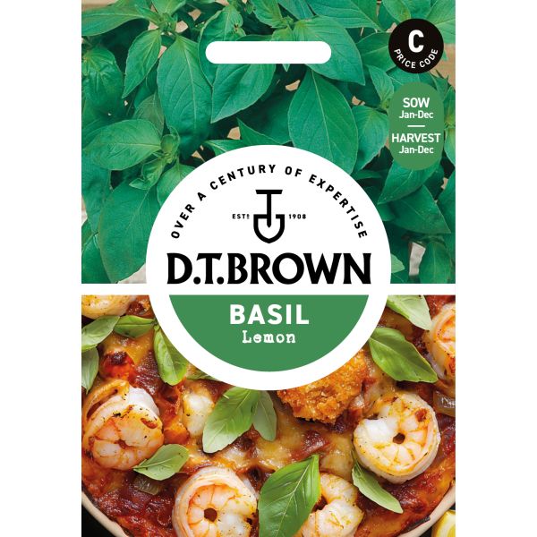 D.T. Brown basil seed packet with images of basil leaves and a dish with shrimp and lemon.