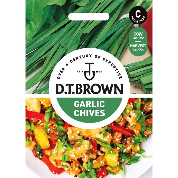 D.T. Brown Garlic Chives packaging with images of garlic chives and a dish.