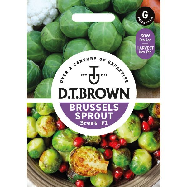 D.T. Brown Brussels Sprout seed packet with images of sprouts and a brand logo.