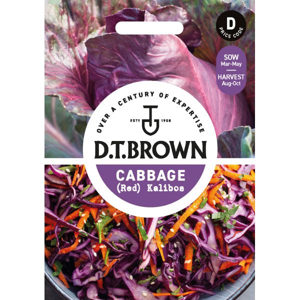 D.T. Brown cabbage seed packet with red kalibo cabbage and carrots on a white background