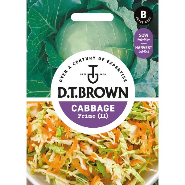 D.T. Brown cabbage seed packet with images of cabbage and coleslaw.