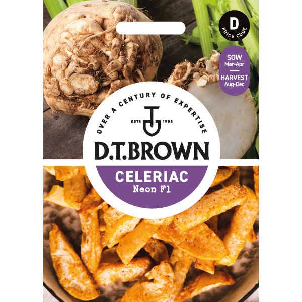 D.T. Brown celeriac seed packet with images of celeriac and roasted celeriac chips.