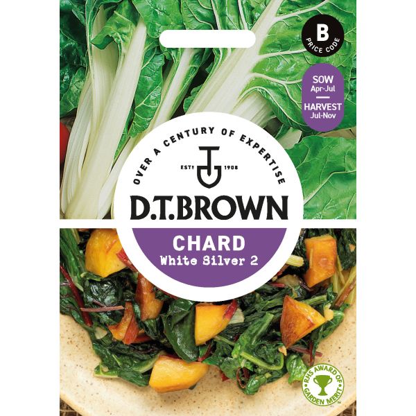 D.T. Brown Chard White Silver 2 seed packet with images of chard and a dish.