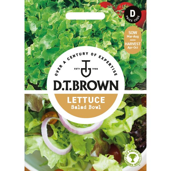 D.T. Brown lettuce salad bowl packaging with green salad and red onions on a white background