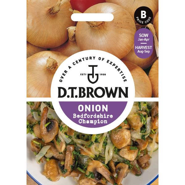 D.T. Brown onion seed packet with images of onions and a dish of onions and mushrooms.