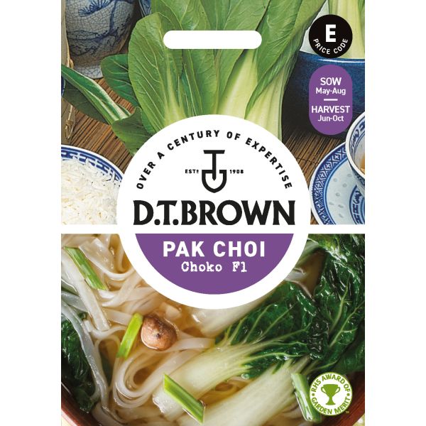 D.T. Brown Pak Choi seed packet with images of the vegetable and a bowl of noodles.
