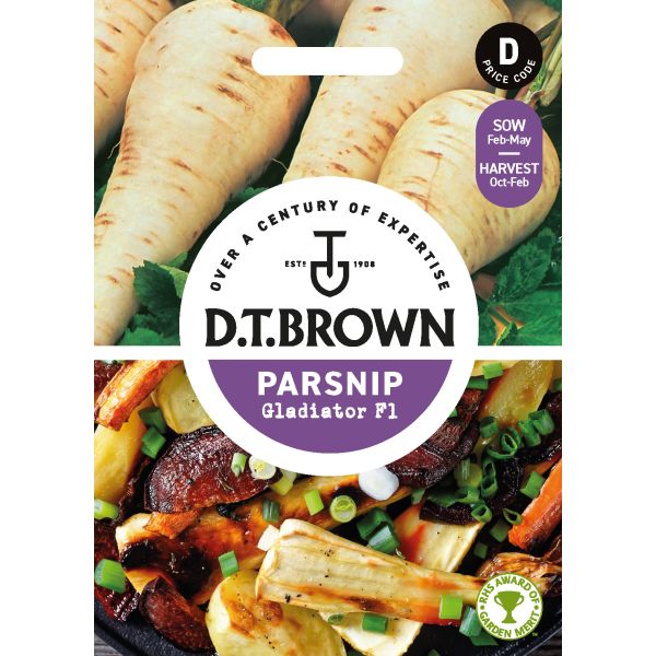 D.T. Brown parsnip seed packet with images of parsnips and a dish