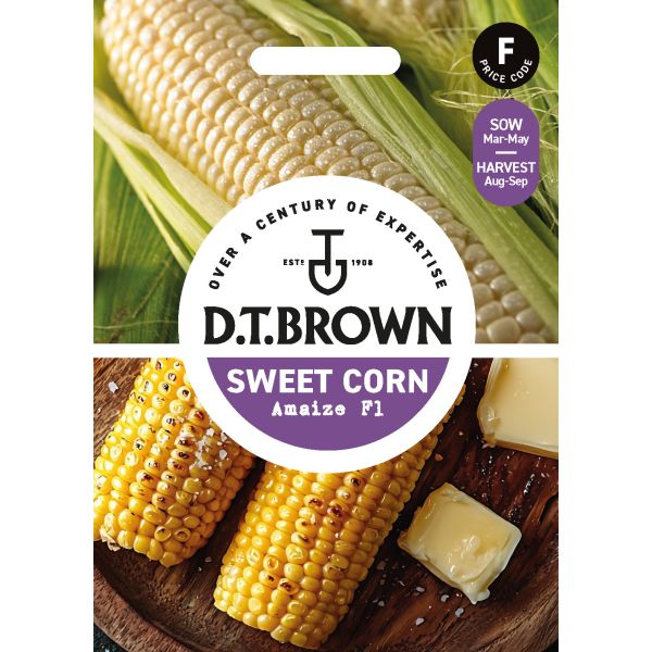 D.T. Brown sweet corn seed packet with corn on a wooden board.