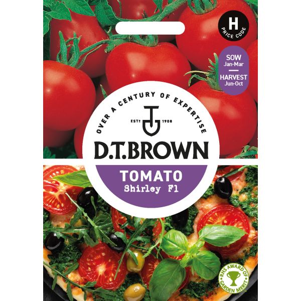 D.T. Brown Tomato Shirley F1 seed packet with images of tomatoes and greens.