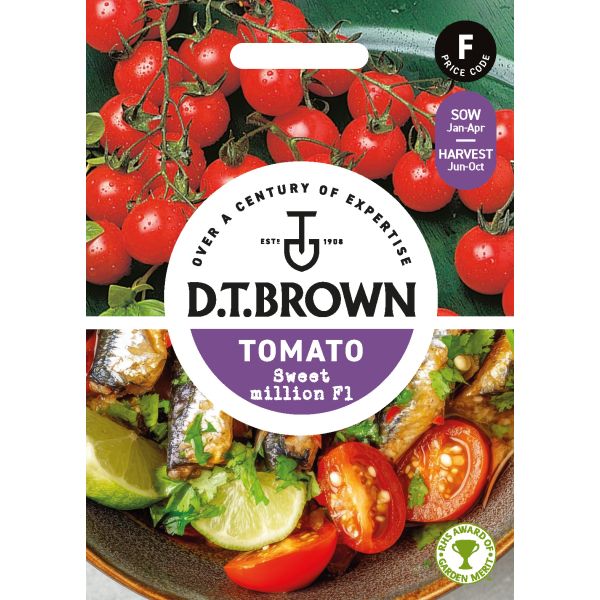 D.T. Brown tomato seed packet with images of tomatoes and a salad.