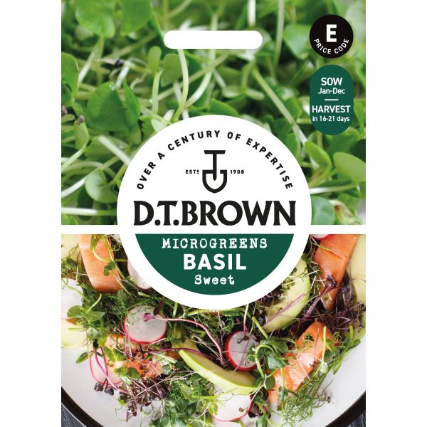 D.T. Brown microgreens basil seed packet with images of microgreens and a salad.