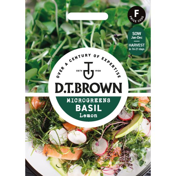 D.T. Brown microgreens basil packaging with green microgreens and a white label.