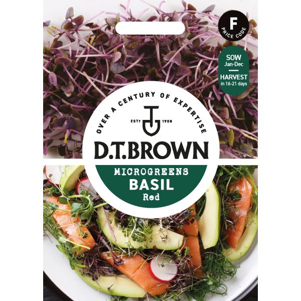 D.T. Brown microgreens basil red packaging with images of microgreens and a salad.