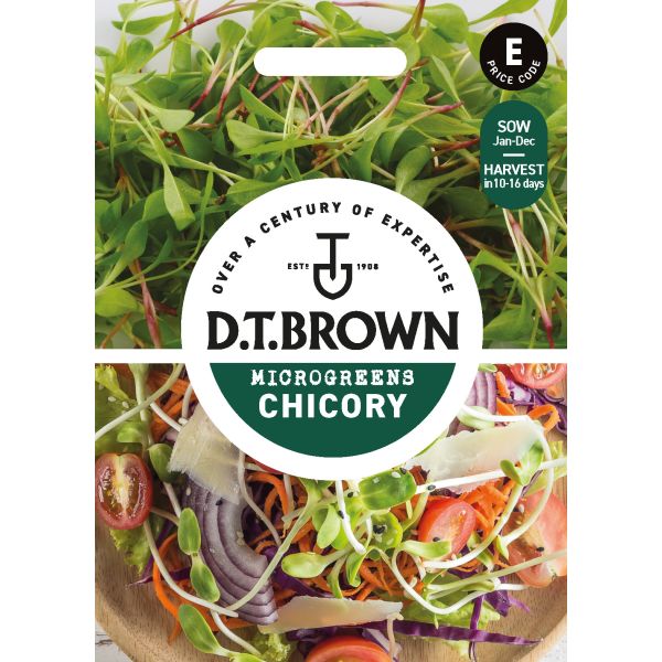 D.T. Brown microgreens chicory package with salad image and brand logo.