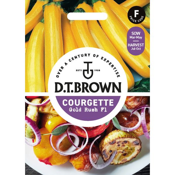 D.T. Brown courgette seed packet with images of courgettes and a dish.