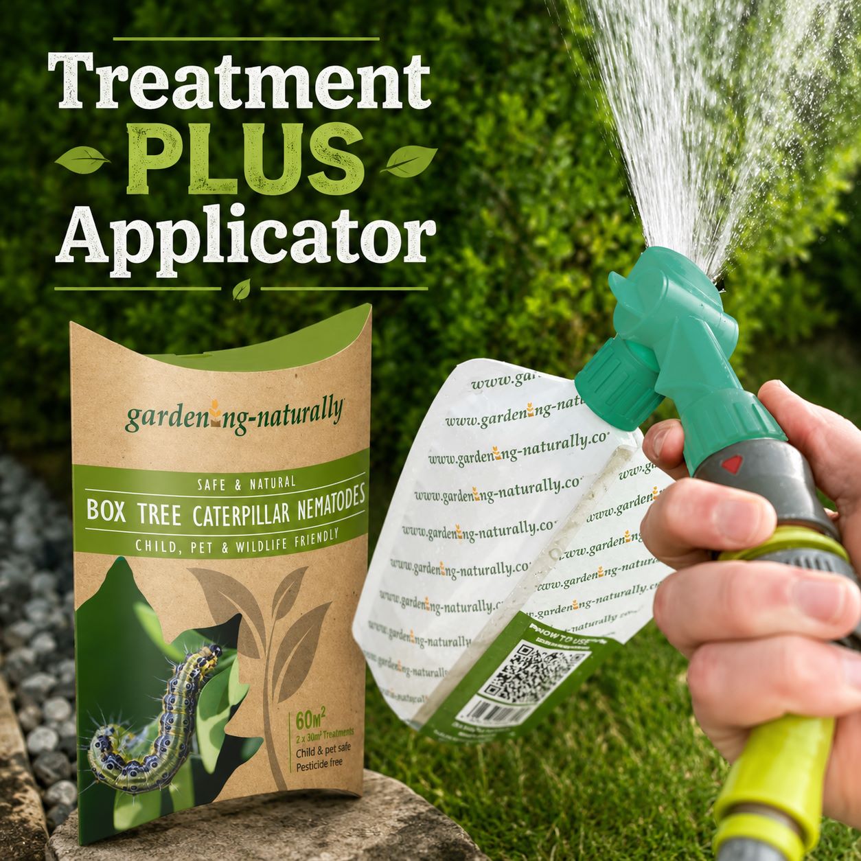 Gardening Naturally product packaging with a hand holding a spray nozzle outdoors.