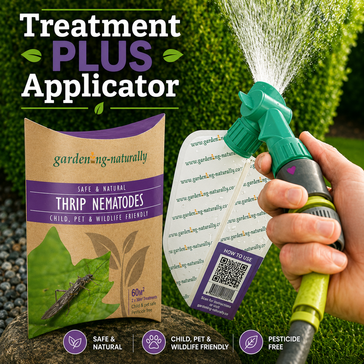 Garden-naturally Thrip Nematodes treatment with a watering can and 'Treatment Plus Applicator' text.