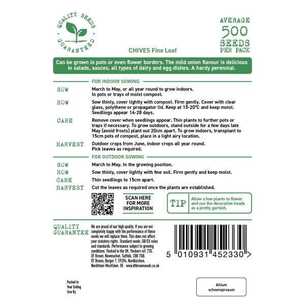 Seeds packet label for chives with text and QR code on a white background
