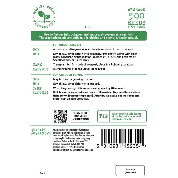 Dill seed packet with planting instructions and product details on a white background