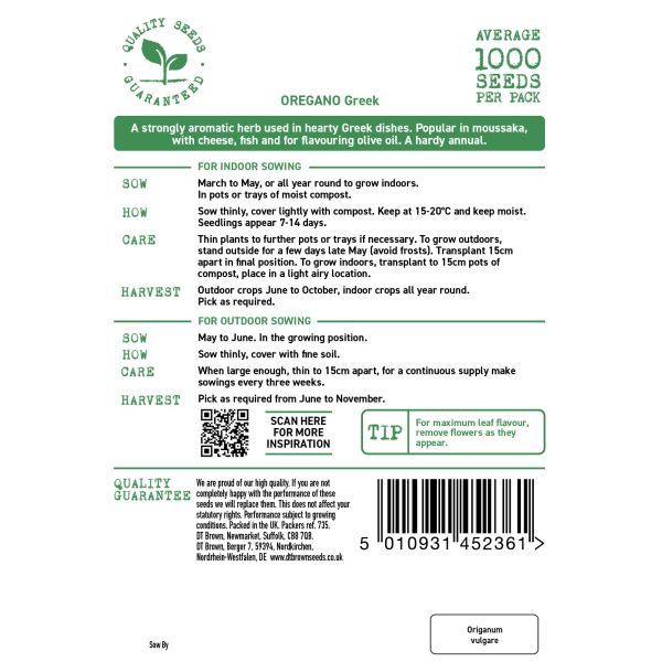 Oregano seed packet with planting instructions and barcode on a white background