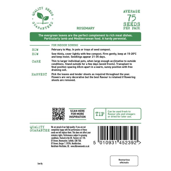 Seed packet label for rosemary seeds with text and QR code on a white background