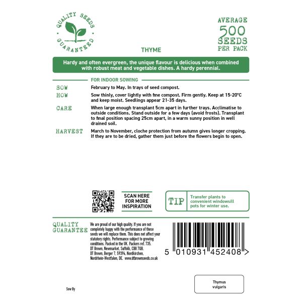 Seeds packet label for thyme with text and barcode on a white background